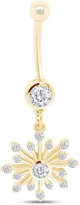 AFFY Snowflake Belly Button Ring for Women Simulated Birthstone, Round Cut Gemstone in 14K Gold Over 925 Sterling Silver, Navel Barbell Piercing Jewelry for Her