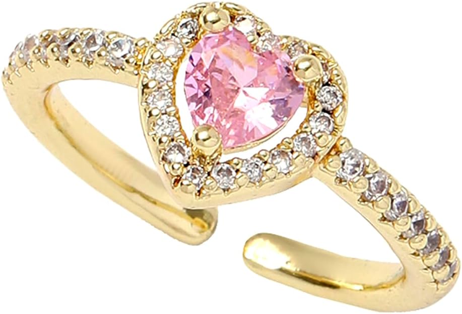 Gold Birthstone Rings for Women Non Tarnish 14k Gold Plated Dainty Heart Rings Adjustable Size Cubic Zirconia Ring Gold Simulated Gemstone Rings Birthday Gifts for Women