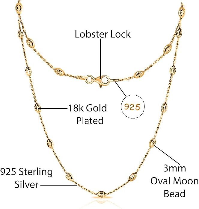 Savlano 18K Gold Plated Over 925 Sterling Silver Station Oval Moon Bead Necklace Chain For Women. Silver, Gold, Rose Gold - Made in Italy Comes With a Gift Box