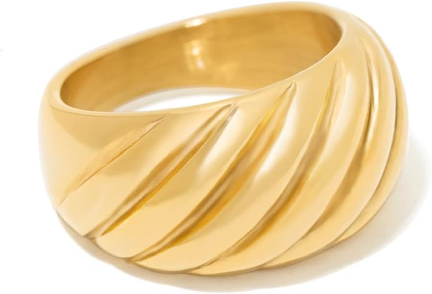 Chunky Statement Rings for Women, Wide Signet Dome Croissant Twist Band Non-Tarnish 18k Gold Plated Stainless Steel Size 5-11