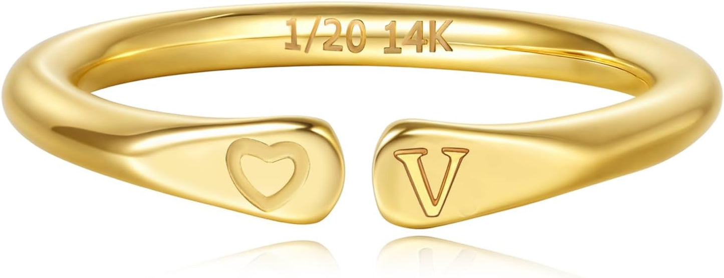 14k Gold Filled Hand Carving Initial Rings for Women Non Tarnish Wedding Heart Shaped Bands for Women