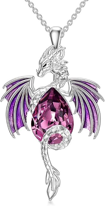 Dragon Necklace for Men Sterling Silver Birthstone Wyvern Necklace Embllished with Teardrop Shaped Crystal Jewelry for Women