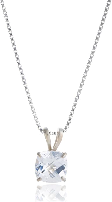 MAX + STONE 925 Sterling Silver Cushion Cut Birthstone Necklace for Women | 6mm Hypoallergenic Solitaire Necklace | Gemstone Pendant Necklaces with 18 inch Box Chain