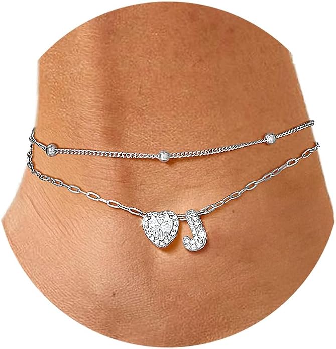 FindChic Silver/14K Gold Plated Layered CZ Initial Ankle Bracelet for Women | Waterproof Stainless Steel, Cubic Zirconia Letter Charm, Non-Tarnish, Hypoallergenic, Adjustable Extender, Summer Jewelry
