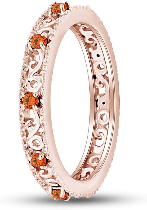 Jewel Zone US Filigree Eternity Wedding Band Ring for Women, Round Cut Simulated Gemstone Stackable Promise Ring in 14K Gold Plated 925 Sterling Silver Band Width 3.5mm – Elegant Jewelry for Her