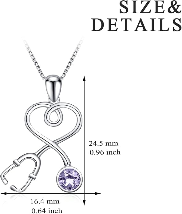 AOBOCO Stethoscope Necklace 925 Sterling Silver Embellished with 12 Months Birthstone Crystals from Austria, Graduation Gifts Medical Jewelry for Doctor Nurse Medical Student RN
