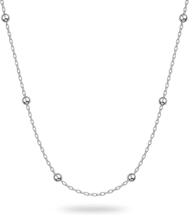 Dainty 925 Sterling Silver Satellite Bead Chain Necklace for Women – Thin Italian Beaded Cable Chain – Non-Tarnish, Waterproof, Hypoallergenic, Nickel-Free – 18, 20, 22 Inch