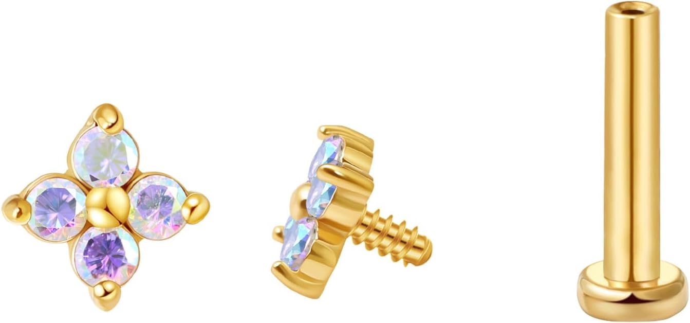 FANSING CZ Flower Internally Threaded Flat Back Earring Labret Stud for Cartilage Tragus Helix Conch