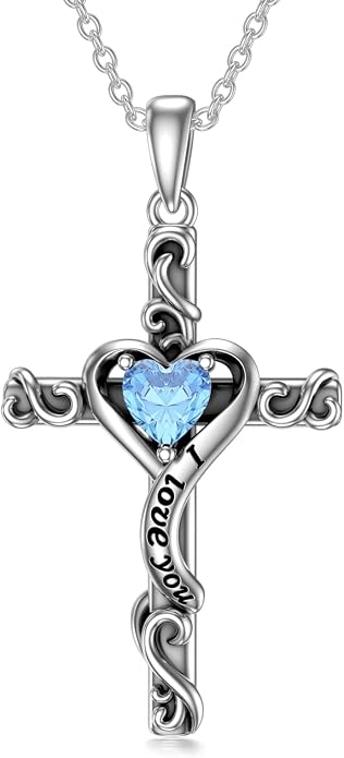 TOUPOP Cross Birthstone Necklace for Women 925 Sterling Silver Heart Cross Pendant I Love You Jewelry Anniversary Birthday Mothers Day Gifts for Mom Wife Her