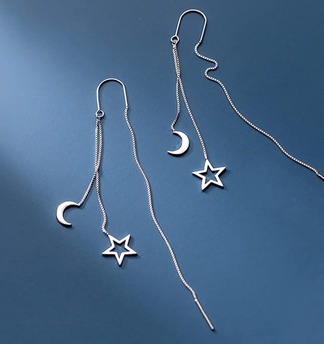 Reffeer Solid 925 Sterling Silver Moon Star Threader Dangle Earrings Chain for Women Teens Long Dangle Earrings Tassel Chain