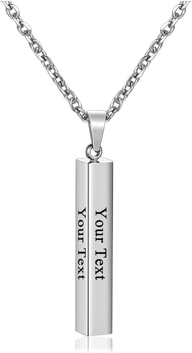 PiercingJ 4 Side Engraving Personalized Custom Message Name Bar Necklace Stainless Steel Pendant Chain for Men Women Valentine's Day Gift Box
