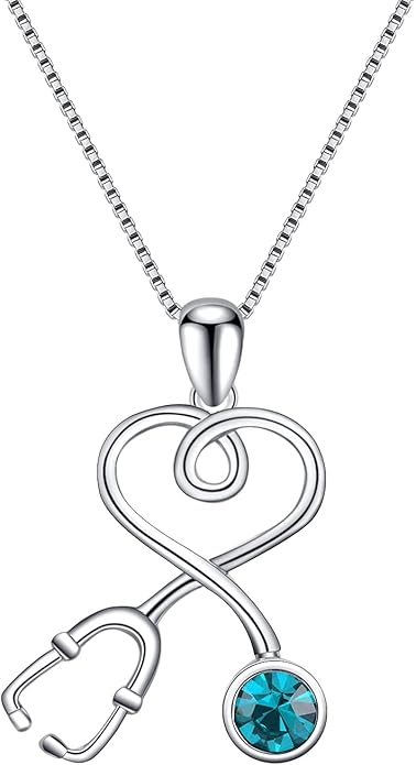 AOBOCO Stethoscope Necklace 925 Sterling Silver Embellished with 12 Months Birthstone Crystals from Austria, Graduation Gifts Medical Jewelry for Doctor Nurse Medical Student RN