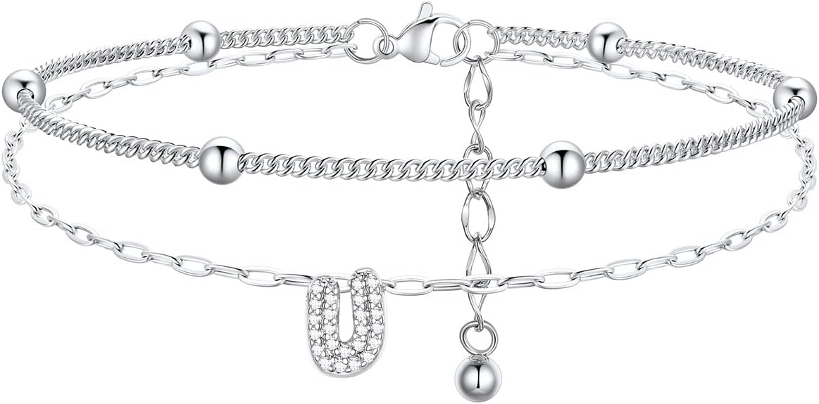 FindChic Silver/14K Gold Plated Layered CZ Initial Ankle Bracelet for Women | Waterproof Stainless Steel, Cubic Zirconia Letter Charm, Non-Tarnish, Hypoallergenic, Adjustable Extender, Summer Jewelry