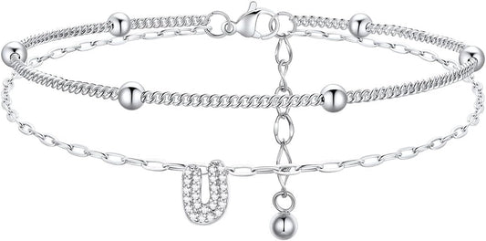 FindChic Silver/14K Gold Plated Layered CZ Initial Ankle Bracelet for Women | Waterproof Stainless Steel, Cubic Zirconia Letter Charm, Non-Tarnish, Hypoallergenic, Adjustable Extender, Summer Jewelry