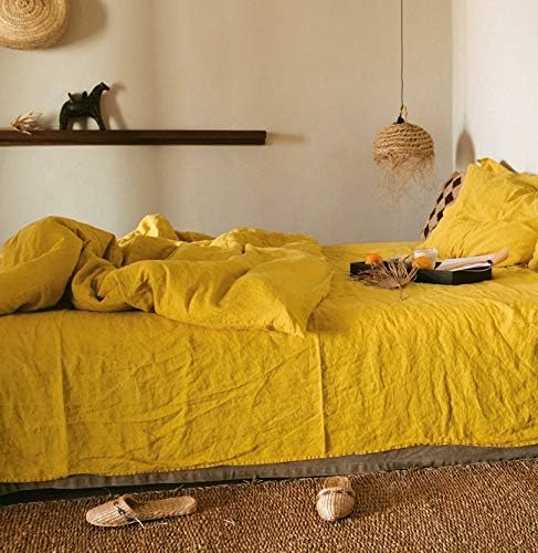 Simple&Opulence 100% Linen Duvet Cover Set 3pcs Basic Style Natural French Washed Flax Solid Color Soft Breathable Farmhouse Bedding with Button Closure - Mustard Yellow, King