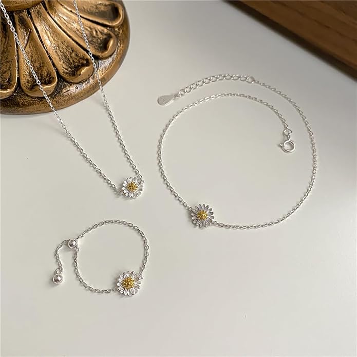 Cute Daisy Flower Chain Tassel Ring for Women 925 Sterling Silver Floral Link Tiny Bead Ball Dangle Adjustable Stacking Statement Finger Bands Promise Eternity Rings Dainty Birthday Jewelry Gifts for Mom