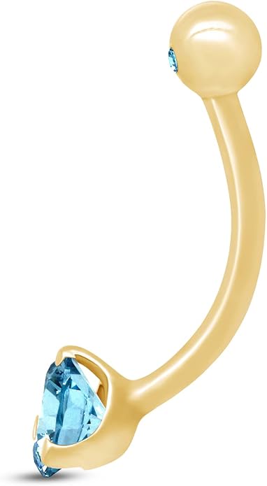 AFFY Internally Threaded Belly Button Navel Ring for Women, Three-Prong Round Simulated Birthstone in 14K Gold Over 925 Sterling Silver, Body Piercing Jewelry Gift
