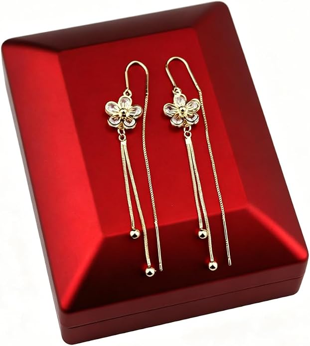 14K Gold Plated Flower Dangle Earrings for Women, Hypoallergenic Cubic Zirconia Long Threader Chandelier Earrings, Elegant Crystal Jewelry for Wedding Bridal Prom Party Gifts