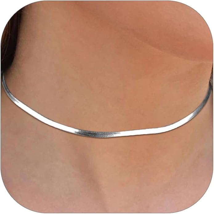 FOCALOOK 14K Gold Plated Necklaces for Women, Fashion Herringbone Choker Necklace Stainless Steel Flat Snake Chain 3/5MM(W) 12.5"/15"/18"+3.5"(L)