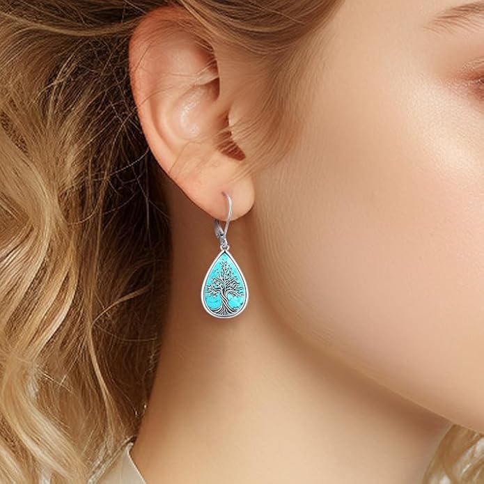 Dangle Earrings Sterling Silver Moonstone/Turquoise/CZ/Crystal Earrings for Women Tree of Life Animal Filigree Leverback Earrings Jewelry Gifts