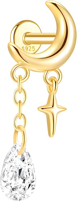 Sterling Silver 925 Flat Back Earring for Women Hidden Helix Piercing Jewelry 16G Star Moon Dangle Cartilage Internally Threaded Tragus Conch Stud Screw Cubic Zirconia Ear Ring