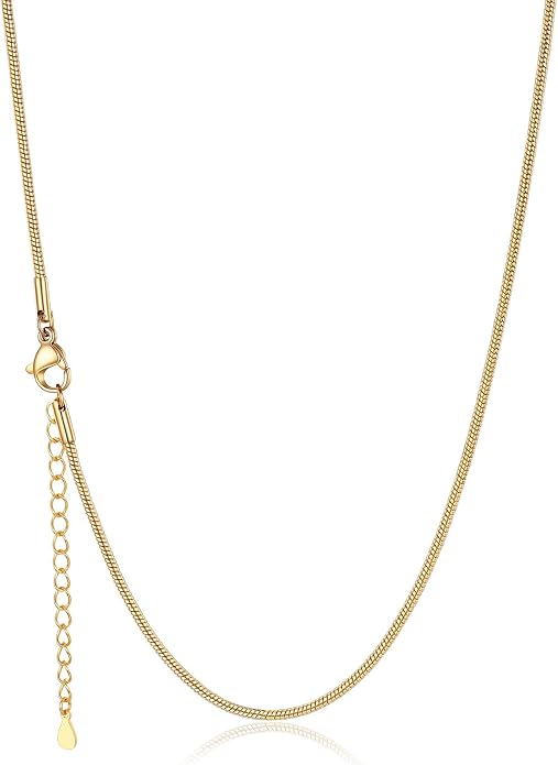 U7 Snake Necklace for Women 14K Gold Plated/Silver/Rose Gold/Black Chain Necklace Hypoallergenic, Stainless Steel Tiny Snake Chain Necklace 1/1.2/1.5/2MM, 14-30" Adjustable Minimalist Gift