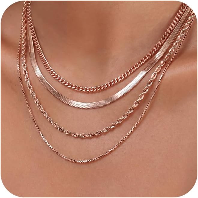 Tewiky Layered Necklaces for Women Non Tarnish- Chunky 14k Gold Plated Herringbone/Snake/Rope/Box/Cuban Link Chain for Women Waterproof Layering Stack Choker Necklace Trendy Dainty Tarnish Free Jewelry Set