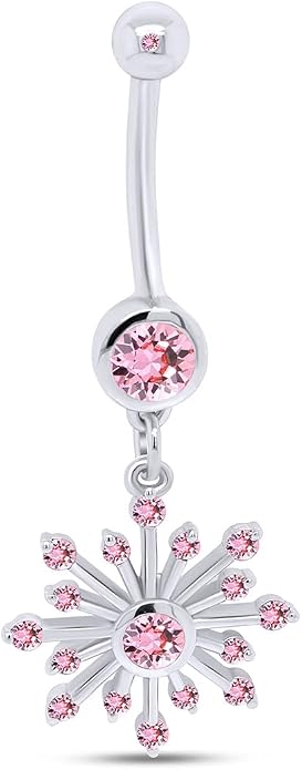 AFFY Snowflake Belly Button Ring for Women Simulated Birthstone, Round Cut Gemstone in 14K Gold Over 925 Sterling Silver, Navel Barbell Piercing Jewelry for Her
