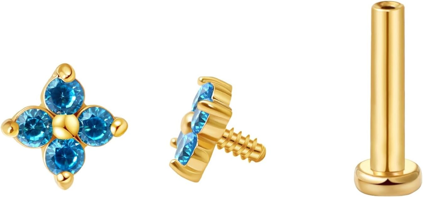 FANSING CZ Flower Internally Threaded Flat Back Earring Labret Stud for Cartilage Tragus Helix Conch