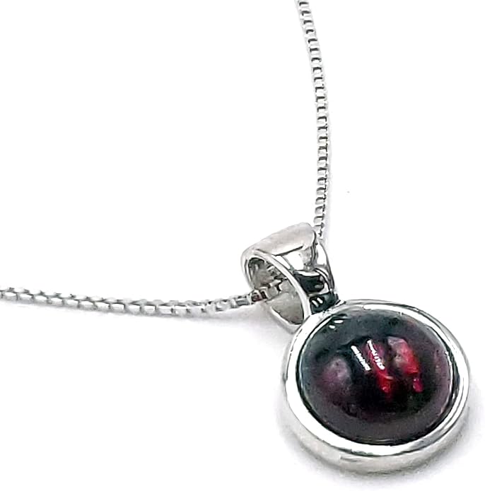 Natural gemstone 8mm round pendant with white gold over 925 sterling silver bezel cabochon plate and box chain, real genuine dainty birthstone gift for her, uniquelan jewelry