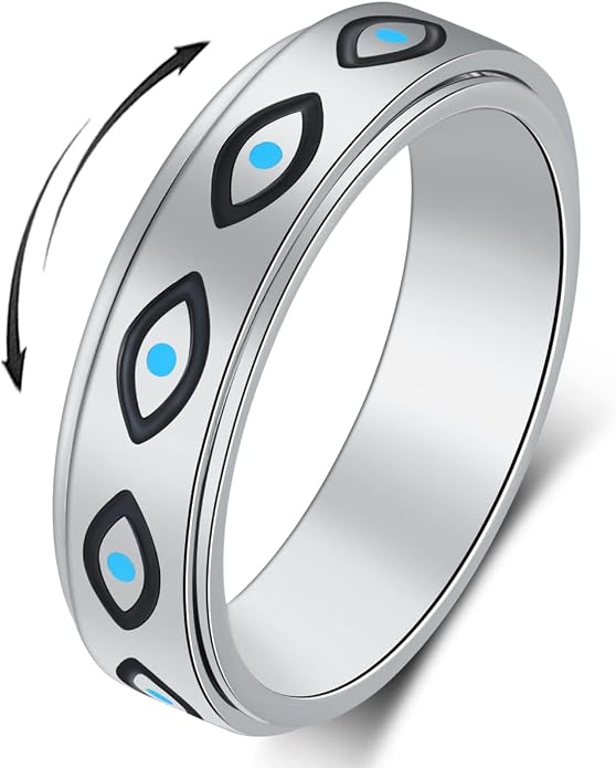 OreilleStar Anxiety Ring for Women Spinner Ring Titanium Stainless Steel Fidget Ring Men 6mm Width With Dog Paw Kitty Cat Face Evil Eye Pattern Spinning Outer Band Size 6 7 8 9 10