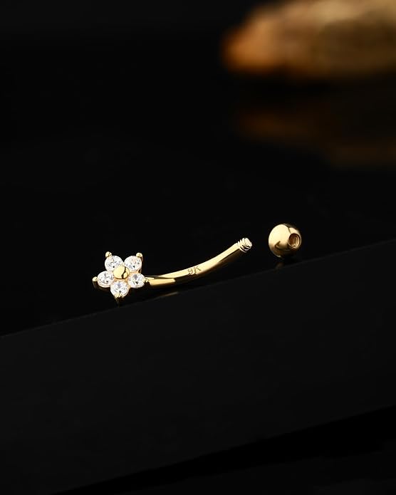 Jewseen ULTIMATE COLLECTION—9K Solid Real Gold Shiny Zircon Floral Design Belly Button Ring Eyebrow Rook Stud 16G 8mm Fine Piercing Jewelry
