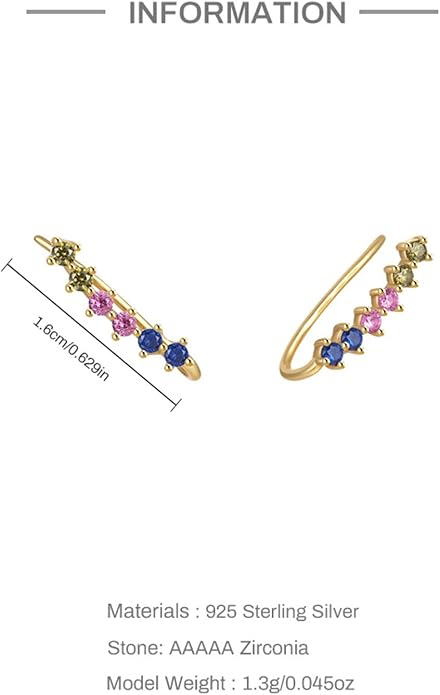 Dainty Colorful Cubic Zirconia Ear Climbers Earrings for Women 925 Sterling Silver 14K Gold Plated Rainbow Gemstone Crawler Earrings Stud Earring Hypoallergenic Ear Clips Wedding Graduation Jewelry Gifts