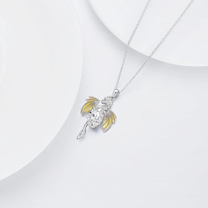 Dragon Necklace for Men Sterling Silver Birthstone Wyvern Necklace Embllished with Teardrop Shaped Crystal Jewelry for Women