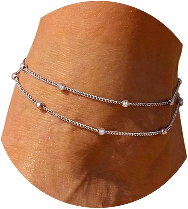 U7 Silver/Gold Ankle Bracelets for Women Layered Chain Anklets Stainless Steel Waterproof Summer Beach Anklet Cham, Adjustable 8.5"-10.5"
