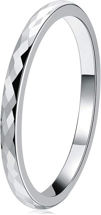 THREE KEYS JEWELRY 2mm 8mm Silver Tungsten Carbide Wedding Band for Men Women, Basic Hammered Multi-Faceted Polished Finish Stackable Engagement Ring Comfort Fit