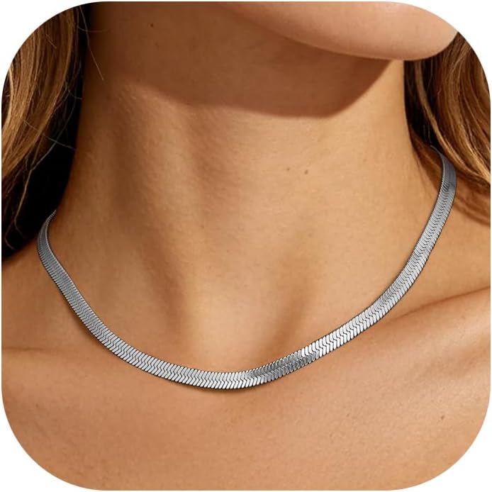 FindChic Black/14K Gold Plated Herringbone Choker Chain Necklace for Women | Waterproof Stainless Steel, Dainty Layering, Flat Snake Chain, Non-Tarnish, Hypoallergenic, Adjustable Extender, Gift Box