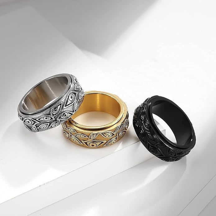 Men's Stainless Steel Eye of God Ring Band All Seeing Eye Spinner Rings Black Silver Vintage Jewelry Size 5 to 14