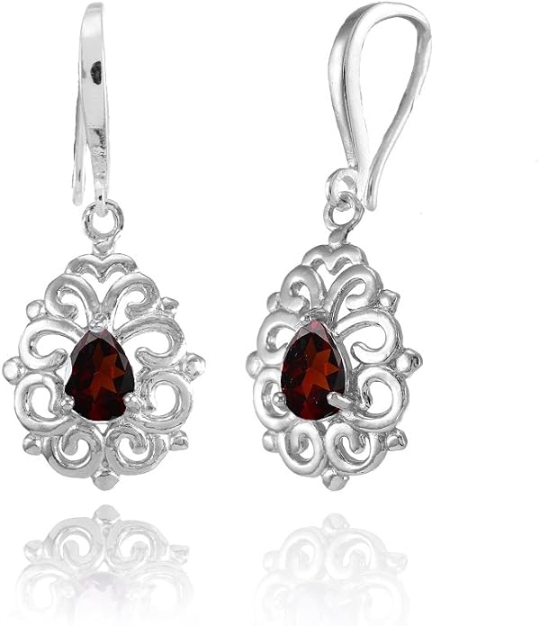 Sterling Silver Genuine, Simulated, or Created Gemstone 6x4mm Teardrop Filigree Dainty Dangle Earrings
