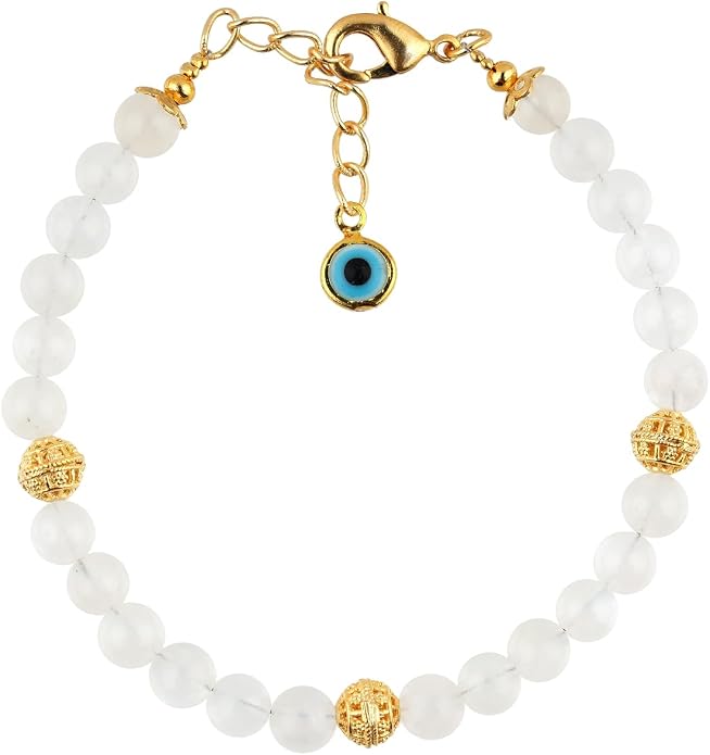 AAA Grade Natural Gemstone Beaded Bracelet, 14K Gold Plated with Evil Charm, Wicca & Reiki Healing Crystals, Handmade Bohemian Jewelry, Christmas Gift for Women (7+1inch)