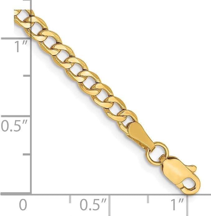 14K Yellow Gold 3.35mm Semi-Solid Curb Chain Anklet 9" to 10"