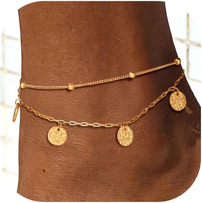 FOCALOOK 14K Gold Plated Anklets for Women Waterproof Plus Size Ankle Bracelet 8.5-10.5 Inch Adjustable Mariner/Figaro/Flat Snake/Cuban Link Chain Anklet Jewelry for Summer Beach Holiday