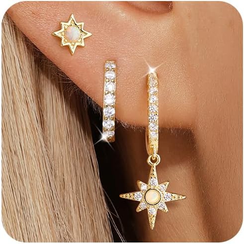 Angelady Opal Earrings Set for Women, Hypoallergenic S925 Sun Stud Earring for Sensitive Ears, Dainty Hoop Huggie Silver Opal Dangle Earring Stacks, Blue Earrings for Women Trendy 2025