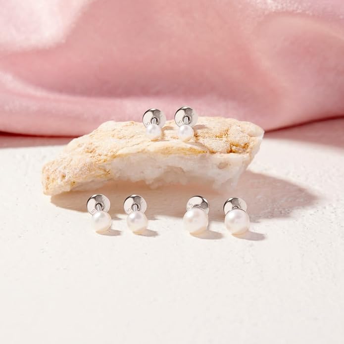 925 Sterling Silver Simulated Pearl Baby Earrings in 3mm-5mm for Toddlers & Young Girls - Hypoallergenic Safety Screw Back Earrings with White Simulated Pearls for Kids