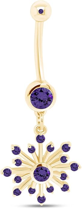 AFFY Snowflake Belly Button Ring for Women Simulated Birthstone, Round Cut Gemstone in 14K Gold Over 925 Sterling Silver, Navel Barbell Piercing Jewelry for Her