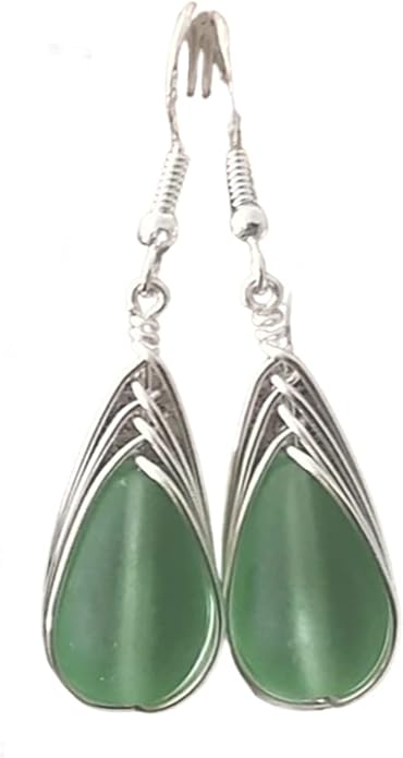 Handmade Sea Glass Earrings, Hawaiian Jewelry, Wire Braided Earrings Teardrop Earrings, Beach Jewelry Sea Glass Jewelry For Women Birthday Gift