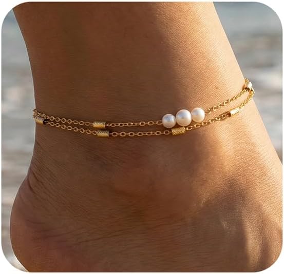 Pencros Dainty Layered Anklet,14K Gold Filled Cute Beads Satellite Chain Heart Boho Adjustable Anklets for Women