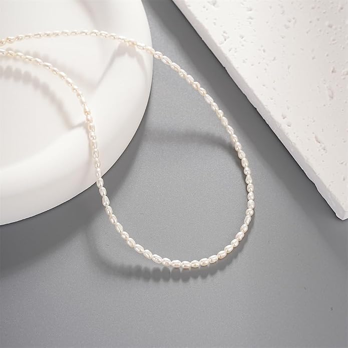 JaruJaru 925 Sterling Silver Mini Keshi Pearl Necklace – 2-3mm Tiny White Freshwater Pearls, Adjustable Chain (40-45cm), Dainty Layering Necklace for Women
