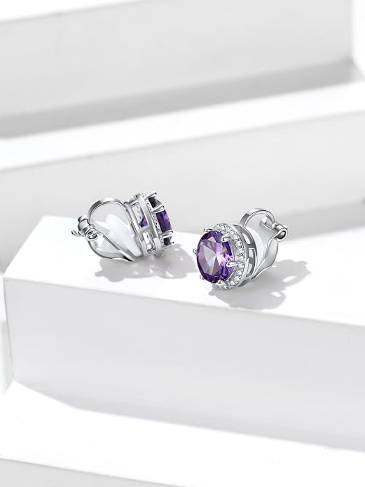 Silvora 925 Silver 8MM Cubic Zirconia Birthstone Clip On Stud Earrings Round Non Pierced Earrings For Women,Come with Box