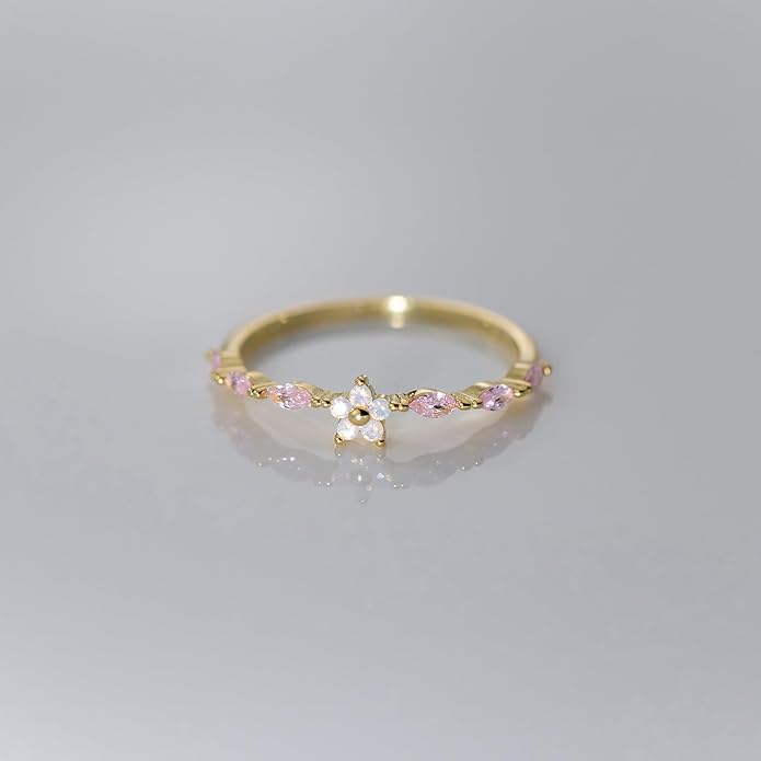 SUYACS 925 Sterling Silver Flower Rings with 6 Marquise Cut Pink Birthstone for Women Gold Plated Cute Opal Floral Small Stackable Ring Mother Daughter Statement Ring Jewelry Birthday Gifts